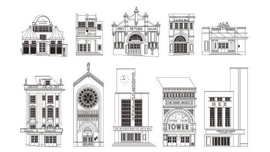 Illustration line drawings of cinema frontages