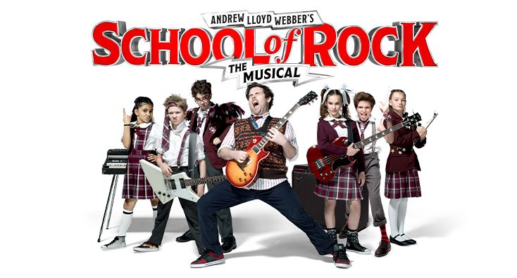 Poster for School of Rock showing children in school uniforms holding different instruments and a teacher posing with a guitar in the front.