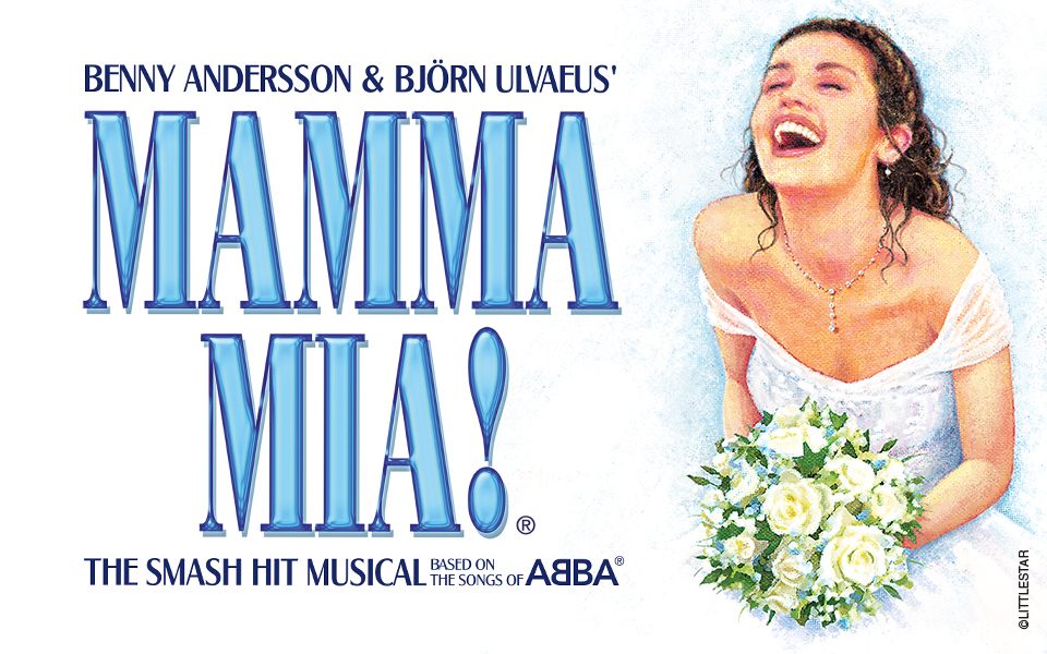 Poster for MAMMA MIA! showing a laughing bride clutching a bunch of flowers.