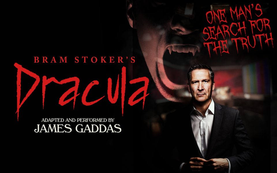 Text reading Dracula with a photo of actor James Gaddas