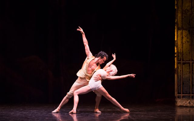 Javier Torres as Casanova with Abigail Prudames as Bellino in Casanova. Photo Emma Kauldhar Premier Dancers Javier Torres and Abigail Prudames in a ballet hold with their arms outstretched