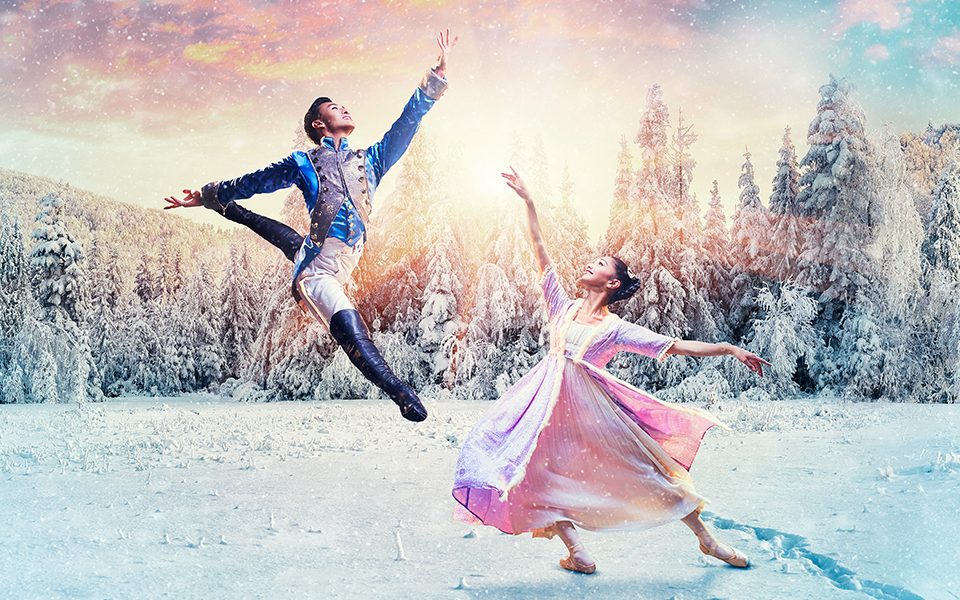 Northern Ballet's Nutcracker poster with the Mouse Kind and Sugar Plum Fairy dancing together