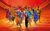 Linzi Hateley and ensemble, Joseph The London Palladium 2021 Photo Credit Tristram Kenton Linzi Hateley and the cast of Joseph in colourful costume with their arms outstretched in unison against an orange background