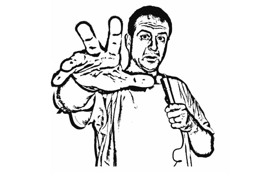 Mark Thomas holding a mic and raising his hand to the camera, a black and white screen printed image