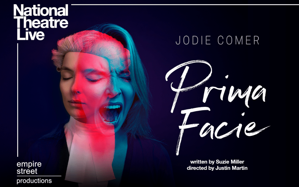 National Theatre poster for Prima Facie, Jodie Comer is shown wearing a barrister's wig and over the top of the photo she is screaming