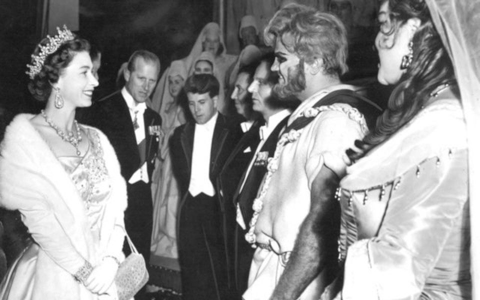 The Queen Visiting the cast of Samson after the performance in 1958