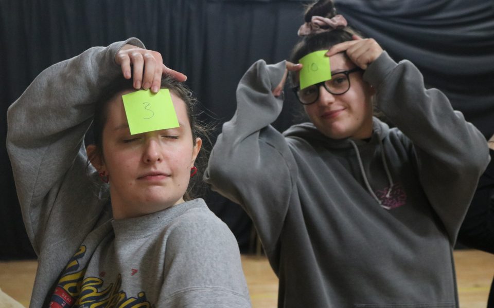Two people in grey jumpers holding sticky notes on the foreheads