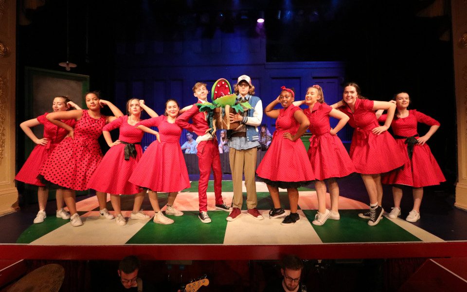 The cast of Little Shop of Horrors of stage. Gabriel is Seymour holding a plant next to a line of girls in red dresses