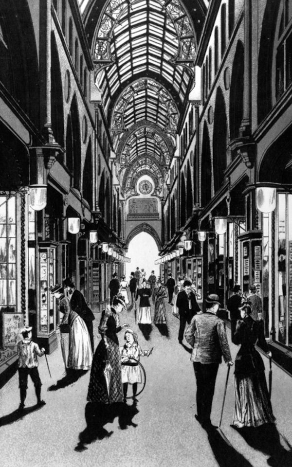 Thornton's Arcade c. 1878, with characters in Victorian costumes including children with toys
