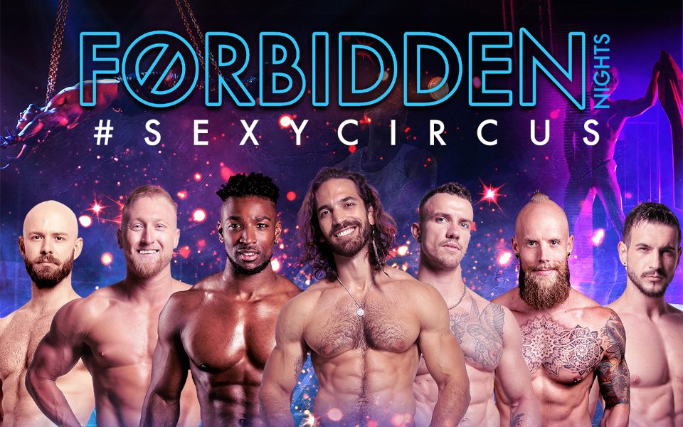 Forbidden Nights cast, all smiling and baring their chests. A montage of the acrobatic performances surrounds them