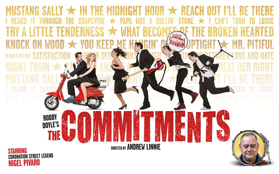 The Commitments poster with names of classic Northern Soul songs in the background and the ensemble holding instruments running after a couple on a red scooter