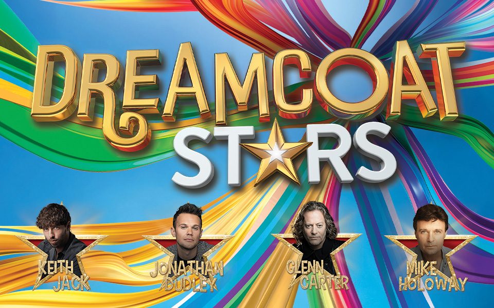 Dreamcoat Stars title with a multi-coloured background. Keith Jack, Jonathan Dudley, Glenn Carter and Mike Holoway are in individual stars lining the bottom of the image.