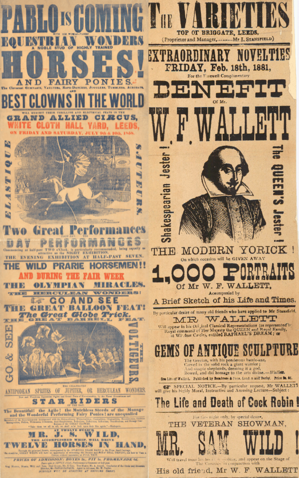 Two playbills side-by-side from the Leodis collection - one a circus playbill and the other is a benefit for W F Wallett from The Varieties