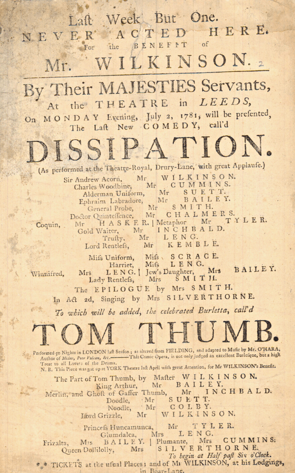 The Theatre Playbill - 1781 - Dissipation and Tom Thumb