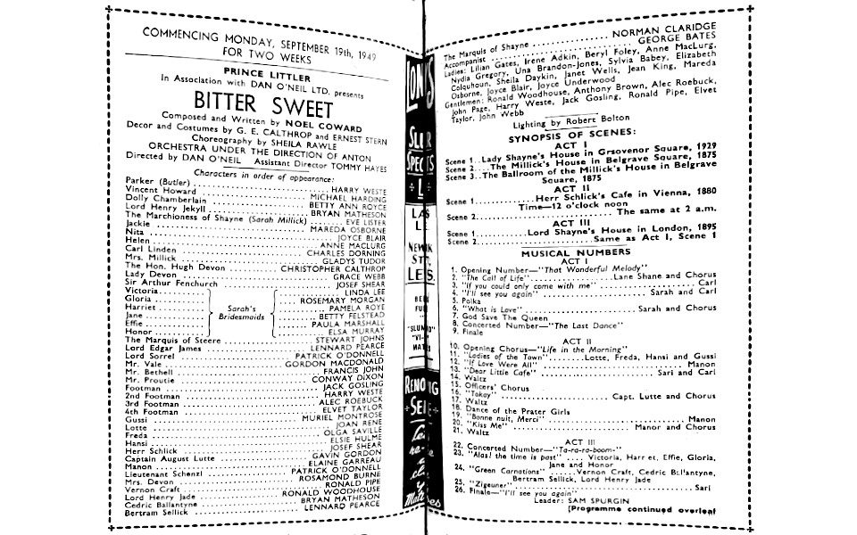 Bitter Sweet 1949 Programme starring Eve Lister