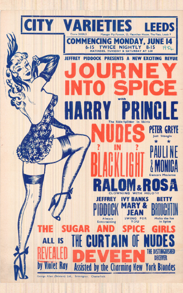 City Varieties Playbill for Journey Into Spice with a dancing girl and listings for the different performers