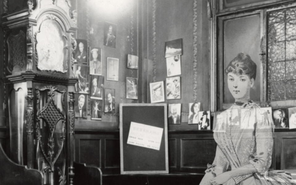 City Varieties Circle Bar Pictured in 1960 - with an illustration of a Victorian Lady in a white crinoline dress.