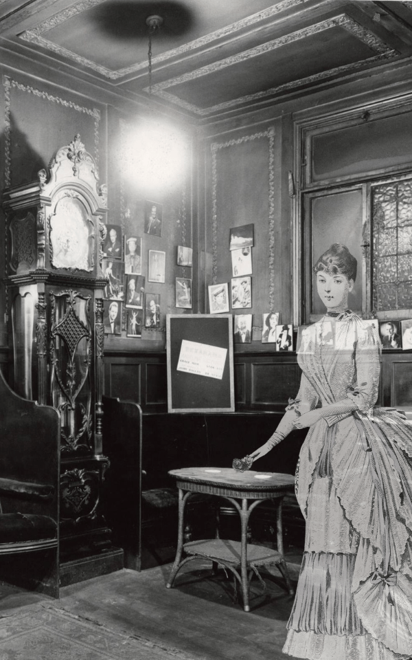 City Varieties Circle Bar Pictured in 1960 - with an illustration of a Victorian Lady in a white crinoline dress.