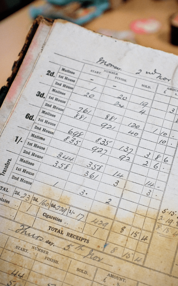 Page from the Picture House’s historic log-books, showing the cinema’s first day of takings on 2nd November 1914.