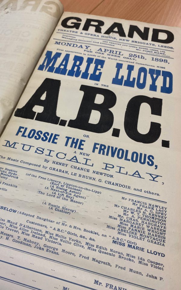 Marie Lloyd playbill for ABC or Flossie the Frivolous at Leeds Grand Theatre in 1898