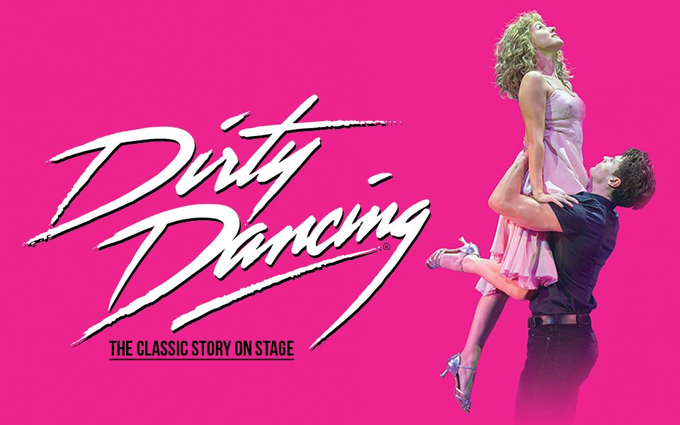 Dirty Dancing poster, Johnny Castle wears all black and lifts Baby in her pink dress