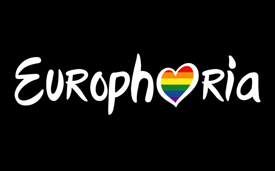 Europhoria logo with rainbow heart in front of black background.