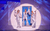 Mamma Mia! Three woman in shiny silver 1980s style flared jumpsuits singing into microphones in a spotlight in front of a blue door.