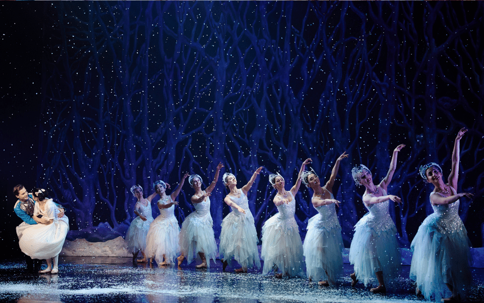 Ballerinas in a row in white tutus with snow falling around them