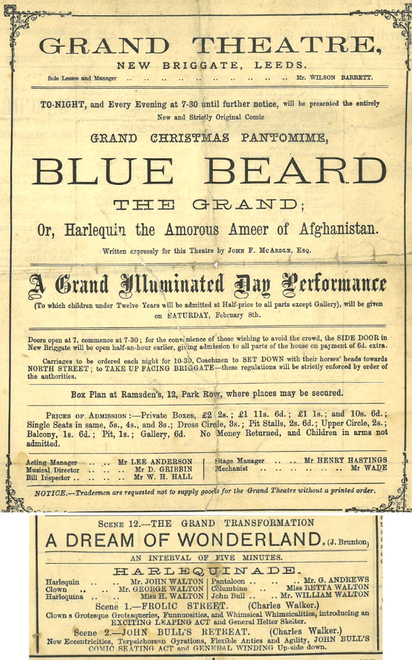 Programme for Blue beard - 1878 - with details of the Grand Transformation and Harlequinade
