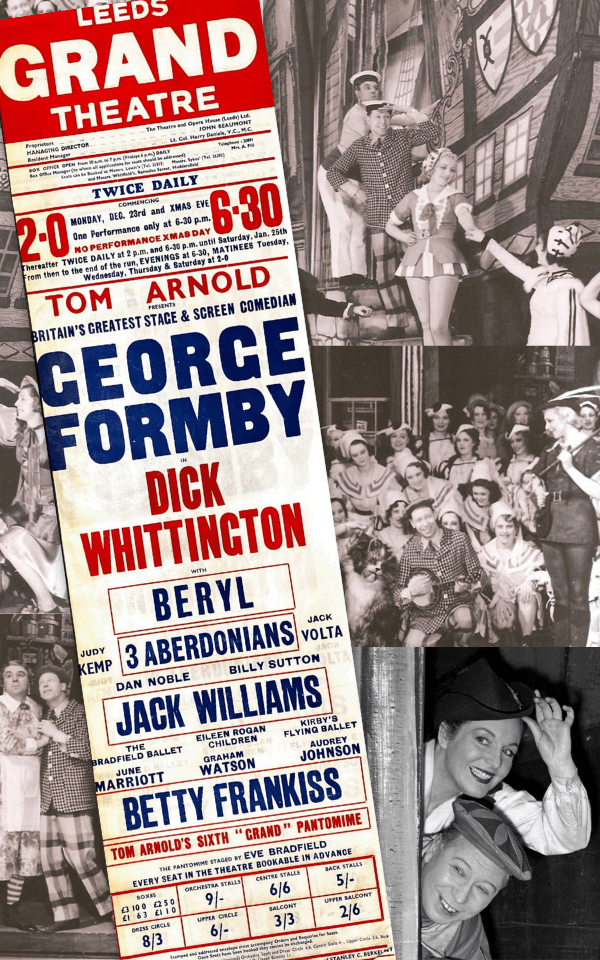 Dick Whittington Playbill - Starring George Formby from 1946. Surrounding are black and white images of George Formby as Idle Jack in a production of Dick Whittington 1956, Manchester