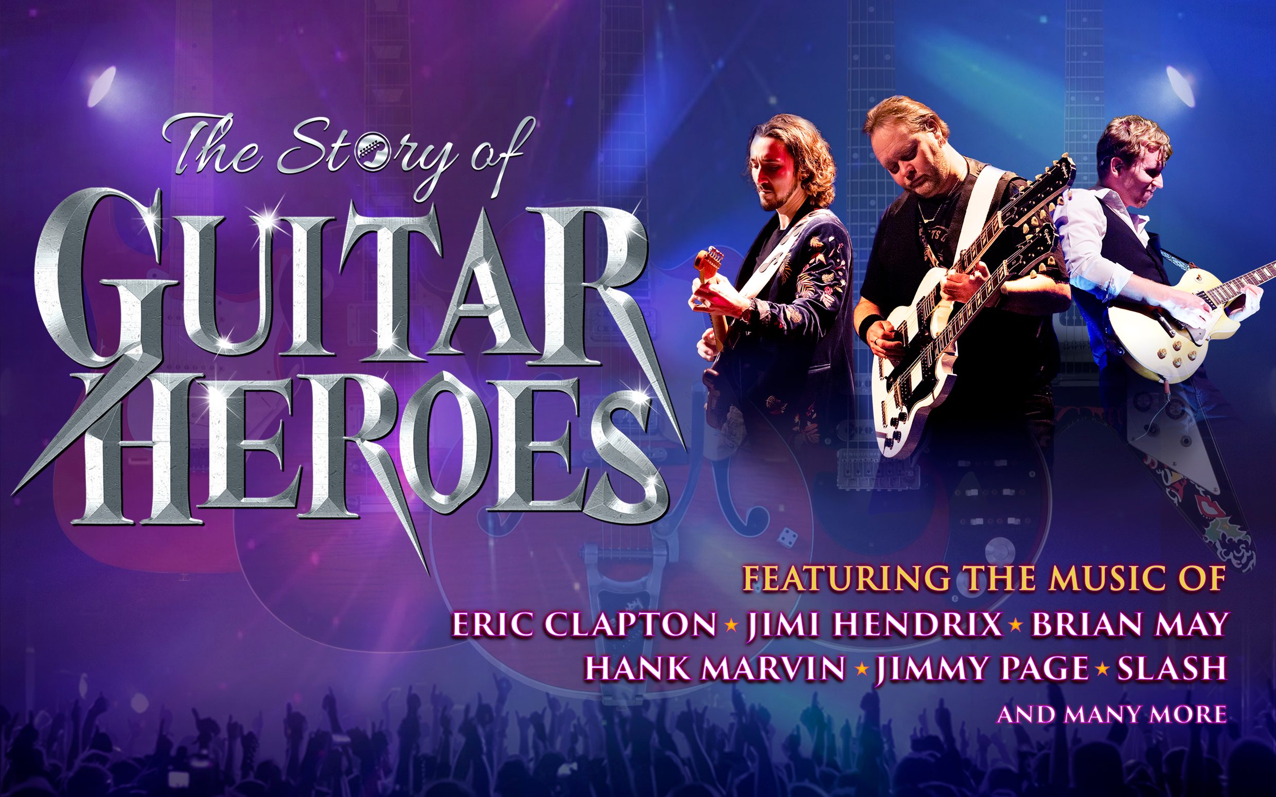The Guitar Heroes poster with the band in front of a crowd. Including a list of popular songs.