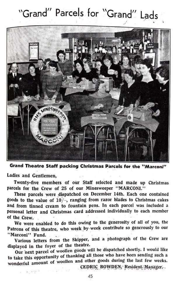 Image of Leeds Grand Theatre staff packing Christmas parcels and a short paragraph about their work in 1940