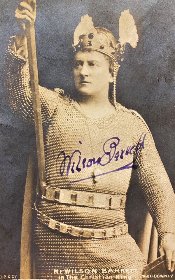 Signed photo of Wilson Barrett in The Christian King, wearing a costume of armour and a winged helmet.