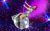 La Voix La Voix, red-headed drag queen, riding on a disco ball with large sequin outfit
