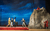 Ariadne Auf Naxos at GöteborgsOperan 2018 Four people stand on a stage in front of a blue sky and a row of lights. There is a tall rock next to them with a woman in red crouching on top.