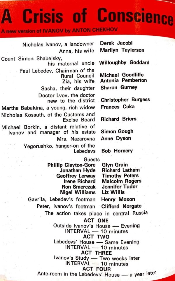 The cast list and scene order for A Crisis of Conscience, 1972, starring Derek Jacobi as Nicholas Ivanov