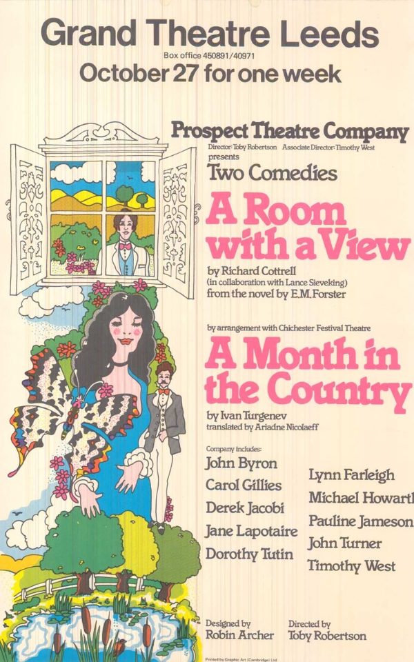 An undated poster for A Room With A View and A Month in the Country starring Derek Jacobi and Timothy West. The poster has a colourful cartoon picture of a woman looking out of a window and a woman walking through gardens with a butterfly and a man.