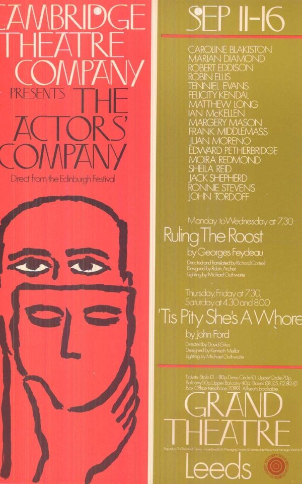 A poster for Ruling The Roost and 'Tis Pity She's A Whore at Leeds Grand Theatre in 1972, starring Ian McKellen. Half the poster has a red background with a drawing of a person holding a blank mask up to cover their face.