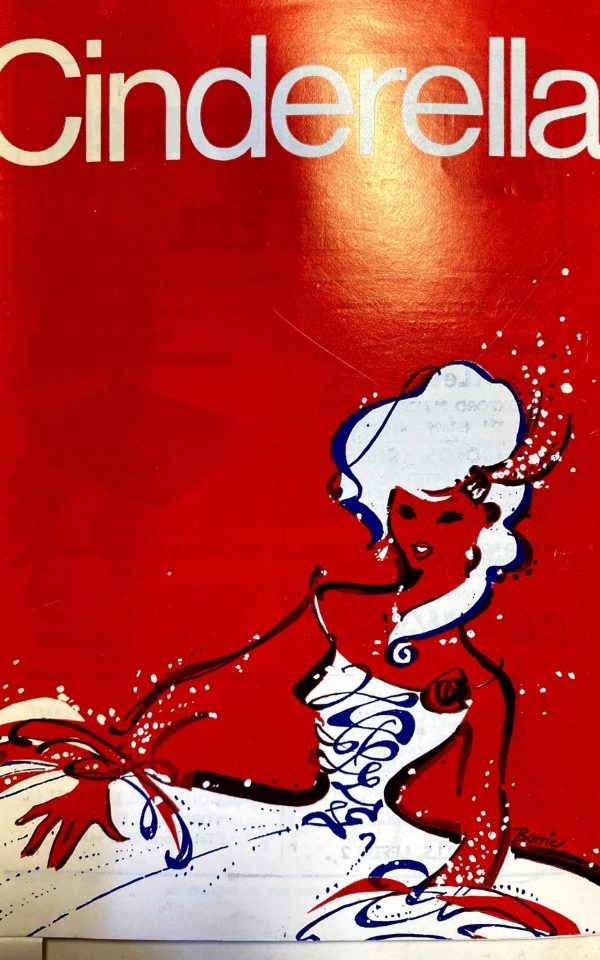 A red poster for Cinderella with a black and white drawing of Cinderella in a big white dress.