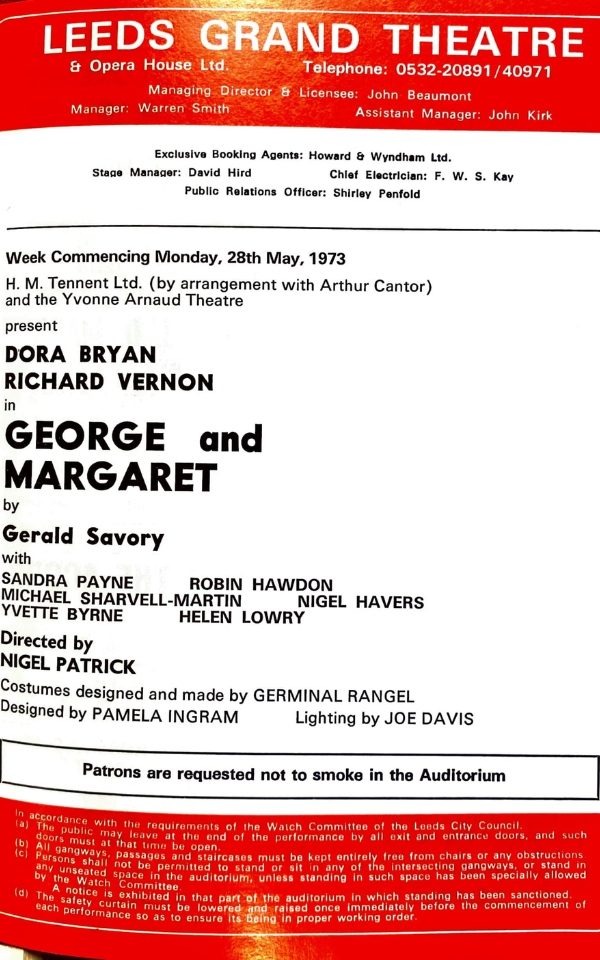A red and white poster for George and Margaret at Leeds Grand Theatre in 1973, starring Dora Bryan