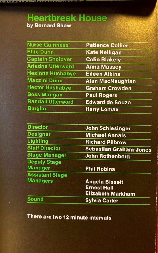 The cast and crew list for Heartbreak House at Leeds Grand Theatre in 1975. The background is black with green and white writing