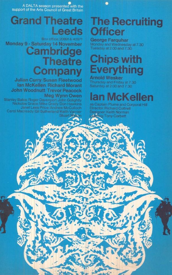 A blue poster of The Recruiting Officer and Chips With Everything at Leeds Grand Theatre in 1970, starring Ian McKellen