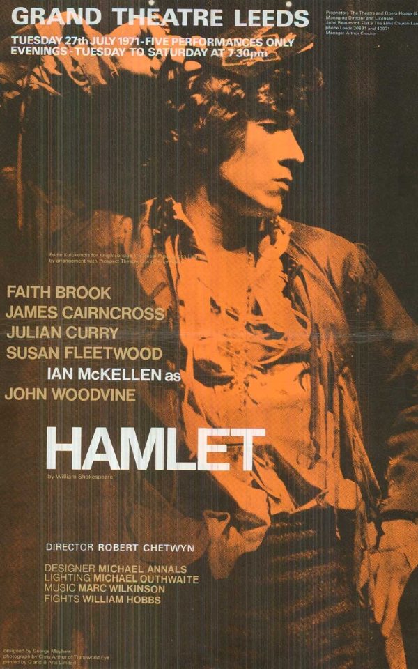 A poster of Hamlet at Leeds Grand Theatre in 1971, starring Ian McKellen. There is a sepia-coloured portrait of Ian McKellen as Hamlet as the background.