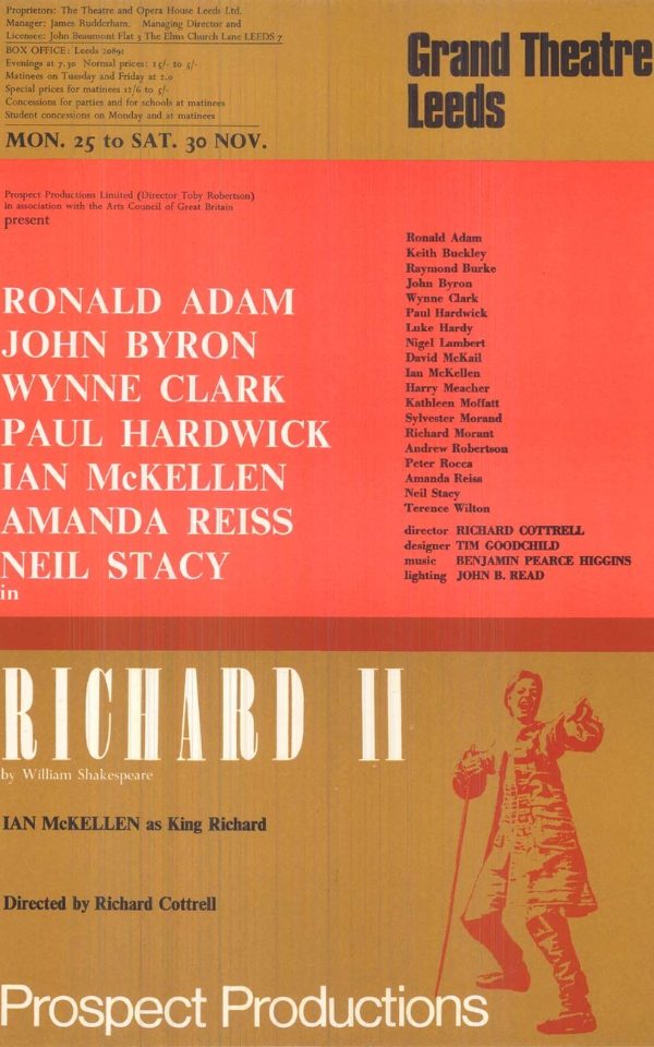 A brown and red poster of Richard II at Leeds Grand Theatre from 1968, starring Ian Mckellen