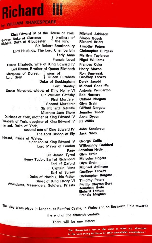 The cast list for Richard III, 1972, starring Derek Jacobi as Duke of Buckingham
