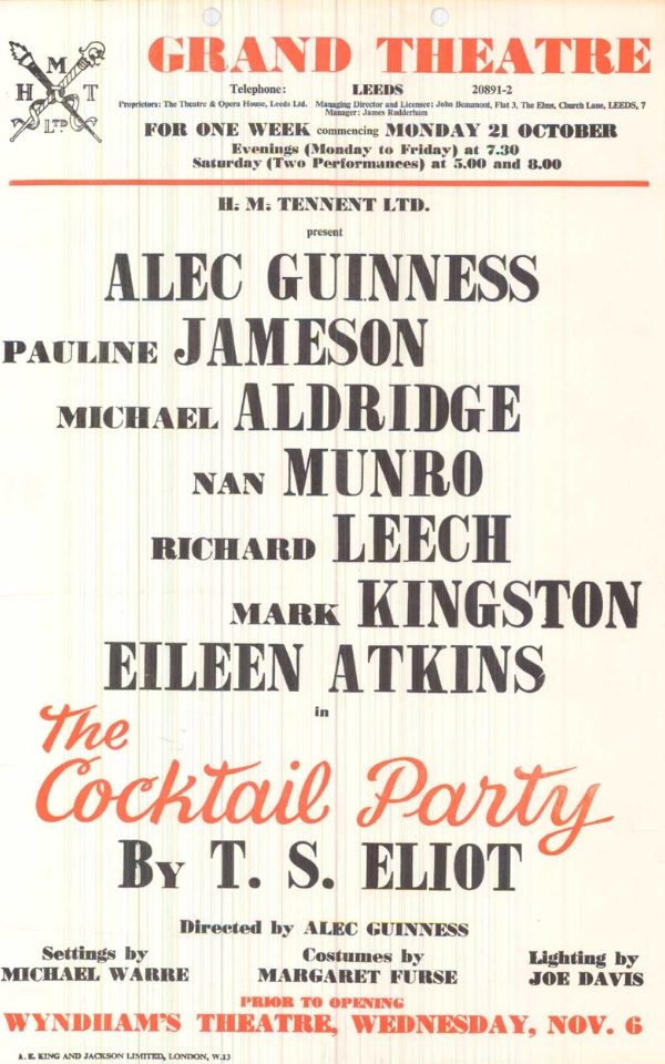 The poster for Cocktail Party by TS Eliot at Leeds Grand Theatre in 1968 starring Eileen Atkins and Alec Guinness