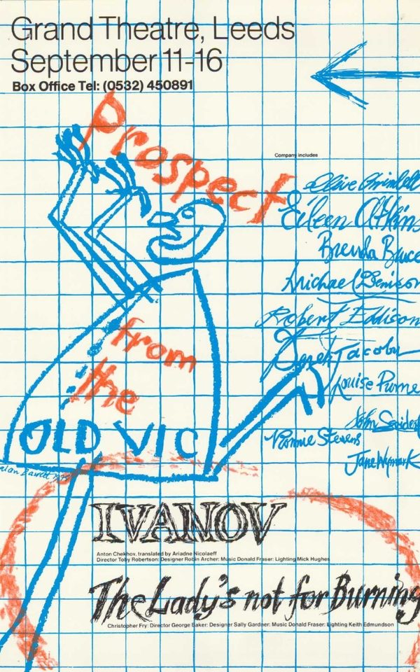 A poster for a double bill of Ivanov by Chekov and The Lady's Not For Burning at Leeds Grand Theatre in 1978, starring Eileen Atkins and Derek Jacobi. The poster has a scribbled drawing of a person and a list of handwritten names on a squared piece of writing paper.