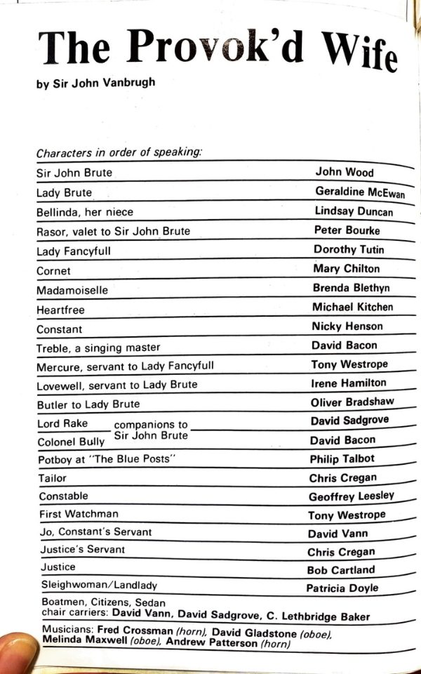 Cast list for The Provok'd Wife in 1980, starring Lindsay Duncan