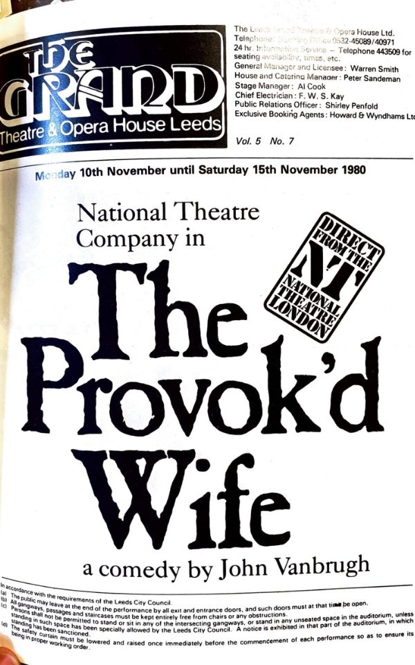Black and white poster of The Provok'd Wife at Leeds Grand Theatre in 1980, starring Lindsay Duncan