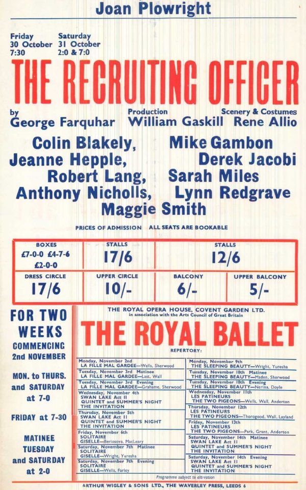 A poster from 1964 of performances of The Master Builder and The Recruiting Officer at Leeds Grand Theatre. There are famous names starring in the performances including Laurence Olivier, Derek Jacobi, Maggie Smith, Michael Gambon